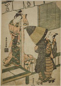 Ibarakiyas skönhet drar i en mans paraply - en parodi på legenden om Watanabe no Tsuna och Ibarakidemonen av Torii Kiyohiro