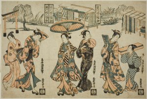 Girls of Fukagawa-a Tri ptych av Torii Kiyohiro