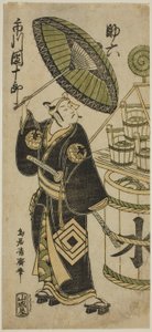Ichikawa Danjuro IV som Sukeroku i pjäsen "Choseiden Fudan-zakura" som spelades på Nakamura Theatre under den fjärde månaden