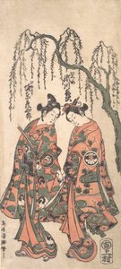 Unga älskare under en hängande pil, deras händer knäppta, deras huvuden böjda, 1754. av Torii Kiyohiro