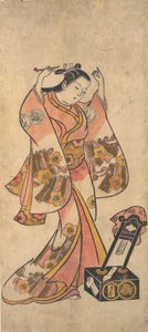 Sanjo Kantaro som en kvinna som arrangerar sitt hår före en lackspegel, före 1763. av Torii Kiyomasu II.