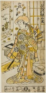 Skådespelaren Ogino Isaburo I i två roller, Tora och Soga no Juro, i pjäsen "Juhakko Imayo Soga", uppfördes på Nakamura Theatre under den första månaden, 1734 av Torii Kiyomasu II