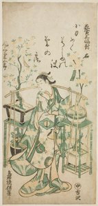 Skådespelaren Onoe Kikugoro I, högra arket i "Flower Vendor Triptych (Hanauri sanpukutsui)" av Torii Kiyomasu II