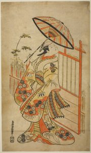Skådespelaren Sanogawa Mangiku I som Sanada, dotter till spinnern Itoya, i pjäsen "Hiragana Yomeiri Izu Nikki", uppträdde på Nakamura Theatre i elfte månaden, 1718 av Torii Kiyomasu II