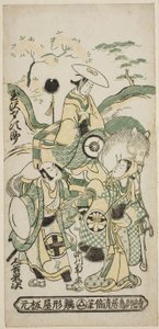 Skådespelarna Tamazawa Saijiro I som Ushiwakamaru, Segawa Kikunojo I som Oroku och Otani Oniji I som Matano Goro i pjäsen "Sazareishi Suehiro Genji", uppfördes på Nakamura Theatre den första månaden, 1744 av Torii Kiyomasu II
