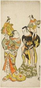 Skådespelarna Yamashita Kinsaku I och Hayakawa Hatsuse som dockspelare i pjäsen "Dagbok som hålls på en resa till sjöss till Izu" ("Funadama Izu Nikki"), uppfördes på Nakamura-teatern den första månaden, 1725 av Torii Kiyomasu II