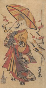 Skådespelaren Nakamura Senya som Tokonatsu i Kabuki-spelet, The Legacy of the Three-Comma F..., ca. 1716.