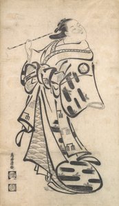 En Oiran står, ett rör i hennes högra hand, och vänder sig för att se bakom över hennes axel..., ca. 1705.
