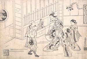 Skådespelaren Ichimura Takenojo VIII i rollen som en marionettspelare, visar Puppets to a Cour..., ca. 1715.