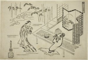 Skådespelarna Nakamura Takesaburo I som Kewaizaka no Shosho och Ichikawa Danjuro II som Soga no Goro klädda som en komuso i pjäsen "Bando Ichi Kotobuki Soga", som framfördes på Nakamura Theater under den första månaden av Torii Kiyomasu I
