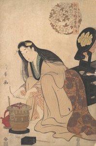 Damen arrangerar Binsashi-stöd för håret över templen för att sätta i håret, ca..., ca. 1808. av Torii Kiyomine