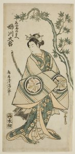 Skådespelaren Anegawa Daikichi som Ayame no Mae i pjäsen "Miyo no Hana Yunzei Kagami", uppförd på Morita Theater i den elfte månaden 1760 av Torii Kiyomitsu I