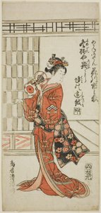 Skådespelaren Hanagawa Ichinojo som Akane Gozen i pjäsen "Okunizome Shusse Butai", framförd på Ichimura Theater i den elfte månaden 1759 av Torii Kiyomitsu I