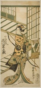Skådespelaren Segawa Kikunojo II som Ishi no Mae i pjäsen "Hoshi Aikotoba Higashiyama no Sakae", uppförd på Ichimura Theater i den nionde månaden 1763 av Torii Kiyomitsu I