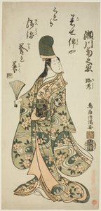 Skådespelaren Segawa Kikunojo II som Shirabyoshi Renri i pjäsen "Imayo Dojoji" framförd på Ichimura Theater i den elfte månaden 1756 av Torii Kiyomitsu I