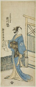 Skådespelaren Segawa Senjo (Kikunojo III) som hustru till Amakawaya Gihei i pjäsen "Kanadehon Chushingura", uppförd på Nakamura Theater i den femte månaden 1776