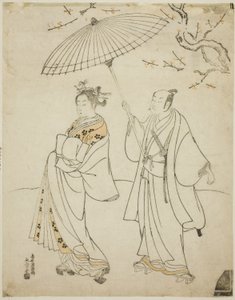 Skådespelarna Ichikawa Komazo I (L) och Nakamura Matsue I (R) av Torii Kiyomitsu I