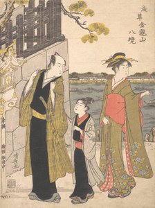 En man med en pojke och en geisha på besök i Kinryusan-templet, ca. 1787. av Torii Kiyonaga