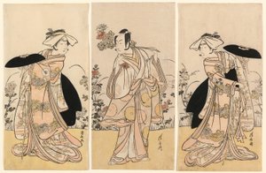Bando Mitsugoro II som Tennen no Mansaku-kitsune och Ichikawa Monnosuke III som Nikaido Shinanonosuke och Iwai Hanshiro IV som Okura no Kojoro-kitsune i scenen från dramat Moto Mishi Yuki Sakae Hachi-no-ki (Nidaime Bando Mitsugoro no Tennen no mansaku- av Torii Kiyonaga