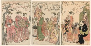 Kurtisaner och deras barnskötare under blommande körsbärsträd av Torii Kiyonaga