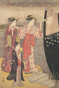 Landstigning från en nöjesbåt på Sumidafloden. av Torii Kiyonaga