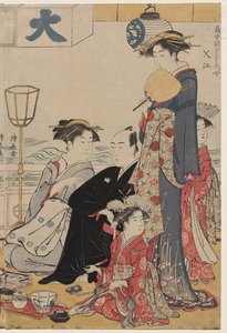 Underhållning på en balkong vid vattnet i Nakasu, från serien, A Collection of Beautiful Modern Women of the Pleasure Quarters av Torii Kiyonaga