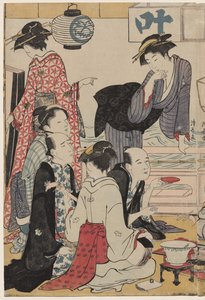 Underhållning på en balkong vid vattnet i Nakasu, från serien, A Collection of Beautiful Modern Women of the Pleasure Quarters av Torii Kiyonaga