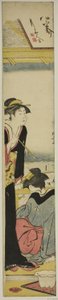 Geisha och Maid på en balkong med utsikt över bukten av Torii Kiyonaga