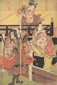 På en balkong sitter en kvinna och spelar en Tsuzumi, nedanför en man i Daimyo-dräkt är Sea..., ca. 1790. av Torii Kiyonaga