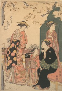 Porträtt av kurtisan Nioteru av Ogiya, med hennes två skötare Namiji och Ao-..., ca. 1785. av Torii Kiyonaga