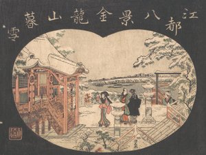 Snö scen med figurer utanför ett tempel. av Torii Kiyonaga