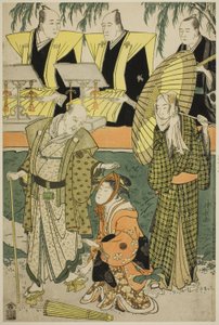 Skådespelarna Bando Matakuro IV som Chubei, Osagawa Tsuneyo II som Umegawa och Nakamura Katsugoro som Magoemon i pjäsen "Keisei Koibikyaku" av Torii Kiyonaga