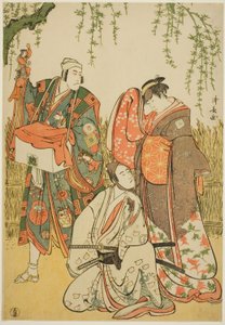 Skådespelarna Ichikawa Yaozo III som Shiragiku, Ichikawa Danjuro V som dockspelaren Dekurokubei och Sawamura Sojuro III som Soga no Juro, i joruri "Shinobukoi Yanagi no Katsura Otoko", som uppträdde på Nakamura Theatre den första månaden, 1785 av Torii Kiyonaga