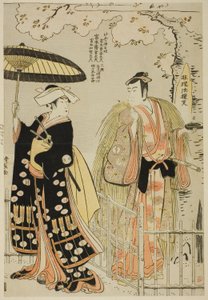 Skådespelarna Sawamura Sojuro III som Kusunoki Masatsura och Arashi Murajiro som Ben no Naishi, i shosan "Sode Furu Yuki Yoshino Shui", uppträdde på Nakamura Theatre i den elfte månaden, 1786 av Torii Kiyonaga
