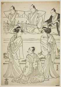 Skådespelarna Segawa Kikunojo III som spöke av Yatsuhashi, Sawamura Sojuro III som Soga no Juro, och Ichikawa Danjuro V som spöke av Seigen, i pjäsen "Sono Omokage Matsu ni Sakura", som spelades på Nakamura Theatre under den första månaden, 1783 av Torii Kiyonaga