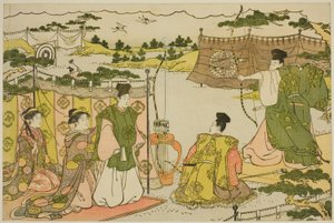 Nyårets första bågskytteträning (Yumi hajime), från den illustrerade boken "Colors of the Triple Dawn (Saishiki mitsu no asa)" av Torii Kiyonaga