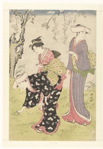 Två kvinnor och en flicka under ett blommande körsbärsträd Brokader med seder och seder i öst (serietitel) Fuzoku Azuma no Nishiki (serietitel) av Torii Kiyonaga