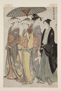 Two Daughters of a Bannerman med en tjänande kvinna och en ung man (träblock i färg) av Torii Kiyonaga
