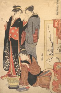 Två kvinnor som står och håller ett barn, ca. 1785. av Torii Kiyonaga