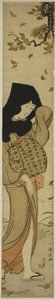 Kvinna med svart huva i vindblåsta löv, från serien "Twelve Scenes of Popular Customs (Fuzoku juni tsui)" av Torii Kiyonaga