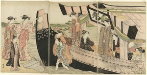 Kvinnor som kommer iland från en nöjesbåt på Sumidafloden av Torii Kiyonaga