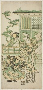 Skådespelarna Bando Hikosaburo I som Araki Shozaemon och Nakamura Sukegoro I som Daidoji Tahatanosuke i pjäsen "Chigozakura Futabajikki", uppfördes på Ichimura Theatre den tionde månaden, 1746