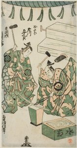 Skådespelarna Fujikawa Heikuro som Masamune och Matsushima Kichisaburo som Rai Kunitsugu i pjäsen "Shin Usuyuki Monogatari", uppfördes på Nakamura Theatre i sjätte månaden, 1746 av Torii Kiyonobu II