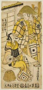 Skådespelarna Ichikawa Danjuro II som Onio Shinzaemon och Ichikawa Masugoro som Soga no Goro i pjäsen "Furiwake-gami Hatsugai Soga", uppträdde på Ichimura Theatre den första månaden, 1735 av Torii Kiyonobu II