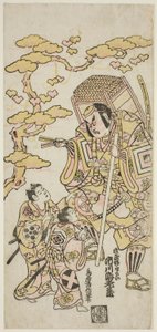 Skådespelarna Ichikawa Ebizo II som Musashibo Benkei, Sakata Shintaro (?) som Soga no Goro och Takigawa Kinya (?) som Soga no Juro i pjäsen "Sazareishi Suehiro Genji", som spelades på Nakamura Theatre den första månaden, 1744 av Torii Kiyonobu II
