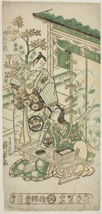 Skådespelarna Ichimura Uzaemon VIII som Oguri Hangan och Segawa Kikunojo I som Terute no Mae i pjäsen "Mangetsu Oguri Yakata", uppträdde på Ichimura Theatre i den åttonde månaden, 1747