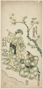Skådespelarna Ichimura Uzaemon VIII som Taira no Koremochi och Arashi Koroku som Makomo no Mae i pjäsen "Shusse Momijigari", uppträdde på Ichimura Theatre i elfte månaden, 1747 av Torii Kiyonobu II