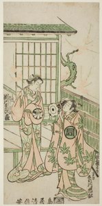 Skådespelarna Sanogawa Ichimatsu I som Minamoto no Yorimasa och Segawa Kikujiro I som Nobutsuras hustru Karumo i pjäsen "Shusse Momijigari", uppförd på Ichimura Theater i den elfte månaden 1747 av Torii Kiyonobu II