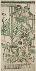 Skådespelarna Yamamoto Iwanojo som kurtisanen Katsuragi och Sanogawa Ichimatsu I som Fuwa Bansaku i pjäsen "Monzukushi Nagoya Soga", uppträdde på Ichimura Theatre under den första månaden, 1748
