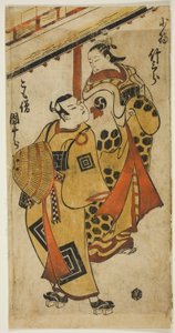 Skådespelaren Ichikawa Danjuro II som Soga no Goro och Nakamura Takesaburo I som Kewaizaka no Shosho i pjäsen "Bando Ichi Kotobuki Soga", uppträdde på Nakamura Theatre den första månaden, 1715